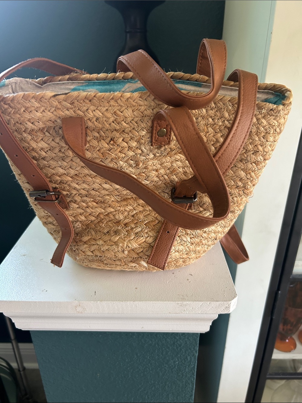 Woven Straw Tote with Brown Trim and Turquoise Lining